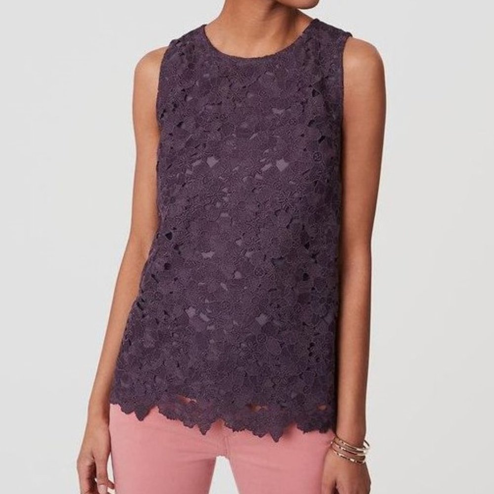 LOFT Purple Garden Lace Shell XS
